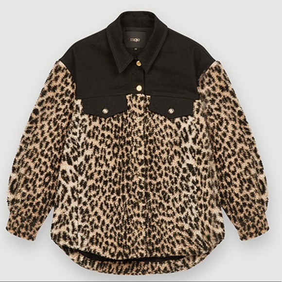 Maje Jackets & Coats Maje Bamion Denim And Animal Motif Fleece